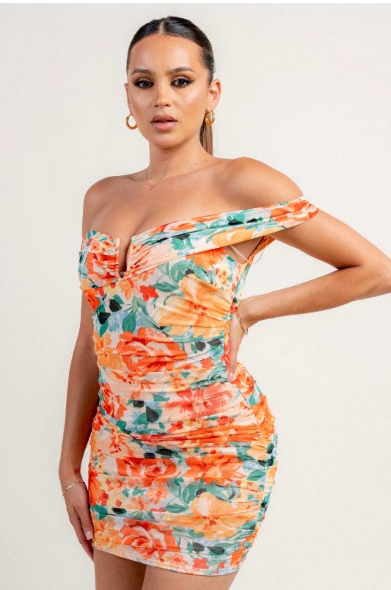 Sunset Bloom Off-Shoulder Ruched Mini Dress